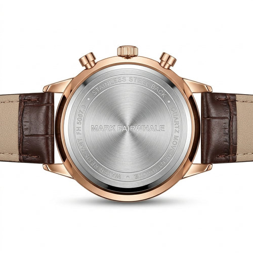 Back view of a Mark Fairwhale watch with brown leather strap and rose gold case.