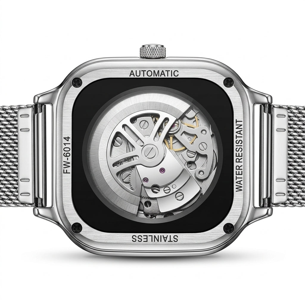 Back view of a silver watch with visible mechanical components on a white background