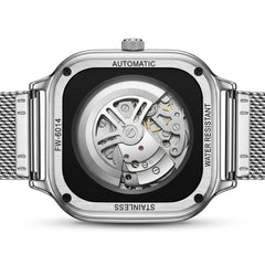 Back view of a silver watch with visible mechanical components on a white background