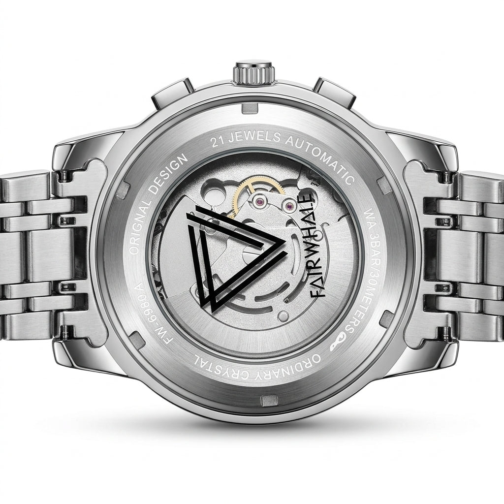 Back view of a silver wristwatch with brand name on a white background