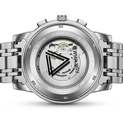 Back view of a silver wristwatch with brand name on a white background