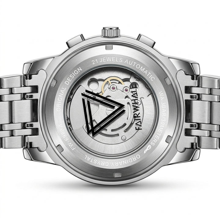 Back view of a silver wristwatch with brand name on a white background