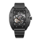 Black mechanical watch with visible brand name on a white background