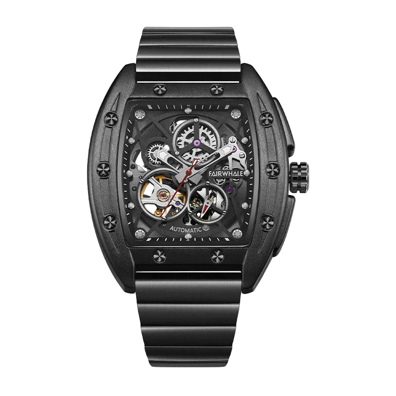 Black mechanical watch with visible brand name on a white background