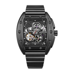 Black mechanical watch with visible brand name on a white background