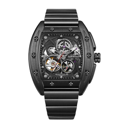 Black mechanical watch with visible brand name on a white background