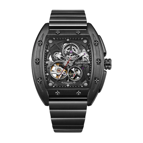 Black mechanical watch with visible brand name on a white background