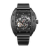 Black mechanical watch with visible brand name on a white background