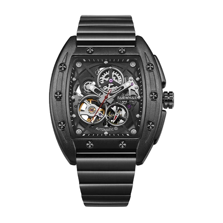 Black mechanical watch with visible brand name on a white background