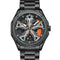 Black wristwatch with orange accents on a white background