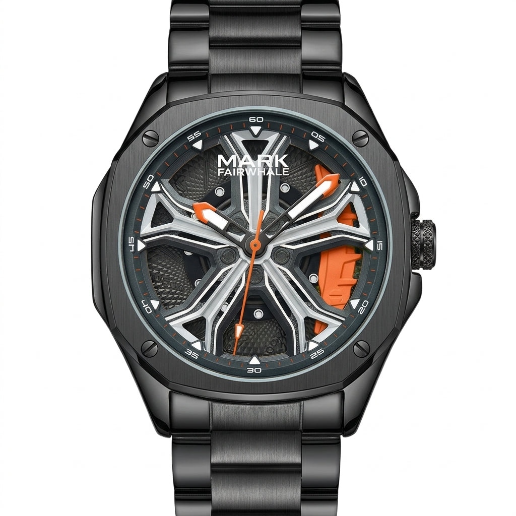 Black wristwatch with orange accents on a white background