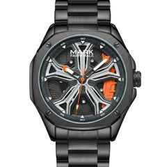 Black wristwatch with orange accents on a white background