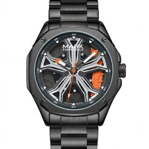 Black wristwatch with orange accents on a white background