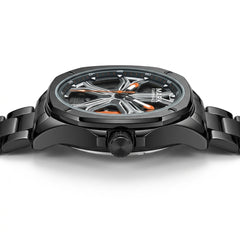 Black wristwatch with detailed face on a white background
