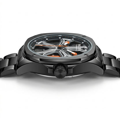 Black wristwatch with detailed face on a white background