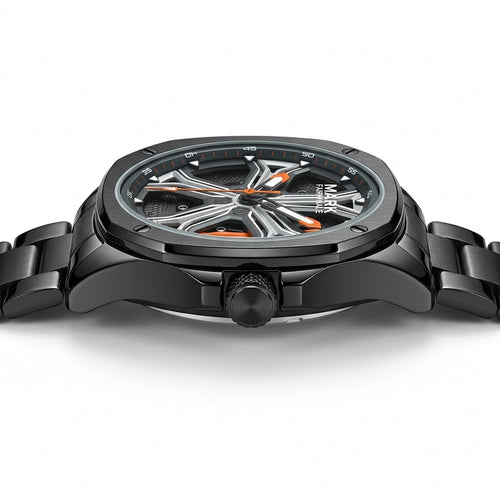 Black wristwatch with detailed face on a white background