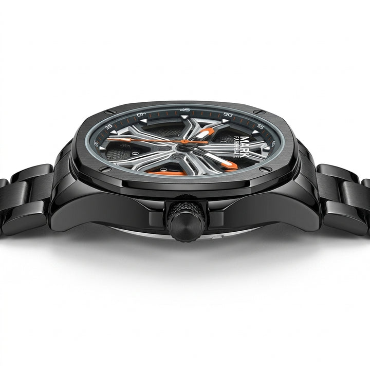 Black wristwatch with detailed face on a white background
