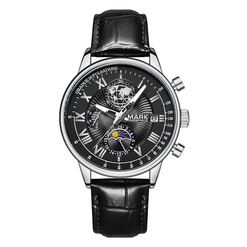 Black wristwatch with detailed face on a white background