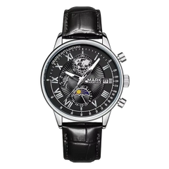 Black wristwatch with detailed face on a white background