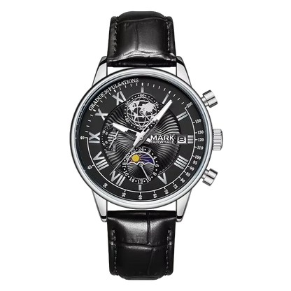 Black wristwatch with detailed face on a white background