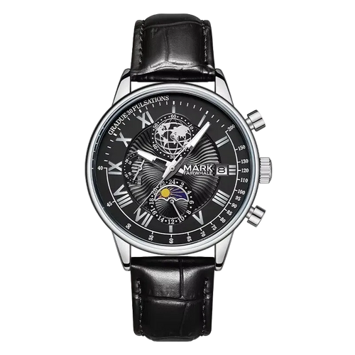 Black wristwatch with detailed face on a white background