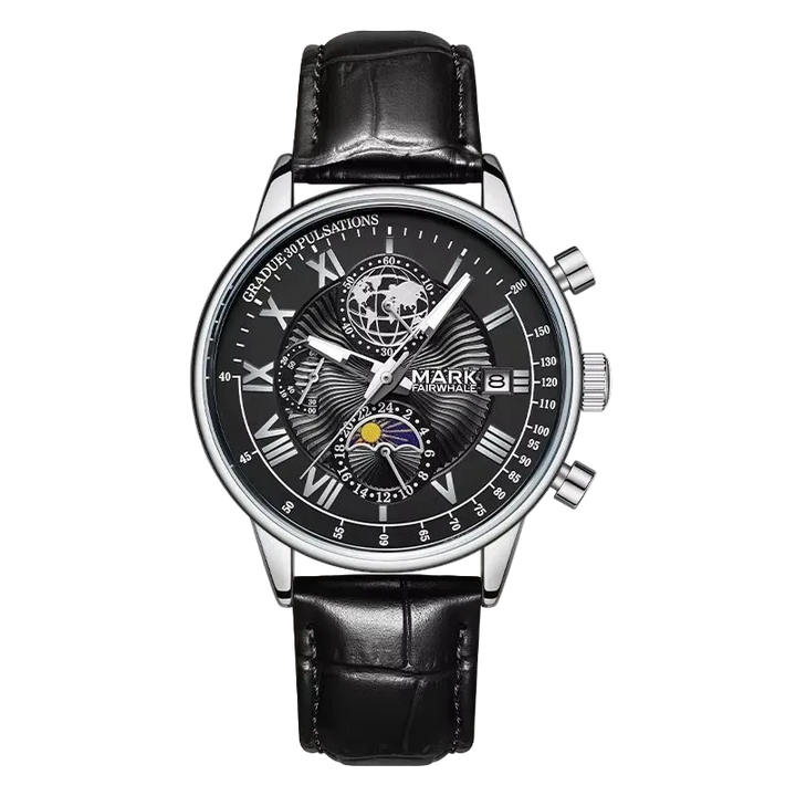 Black wristwatch with detailed face on a white background