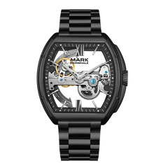 Black mechanical watch with visible gears on a white background