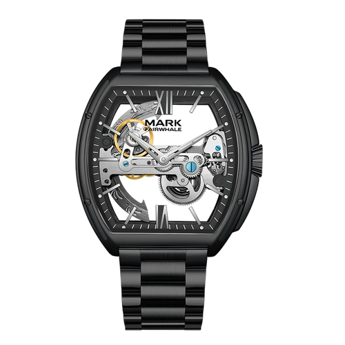 Black mechanical watch with visible gears on a white background