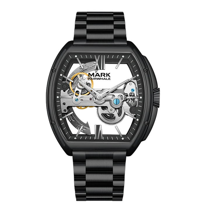 Black mechanical watch with visible gears on a white background
