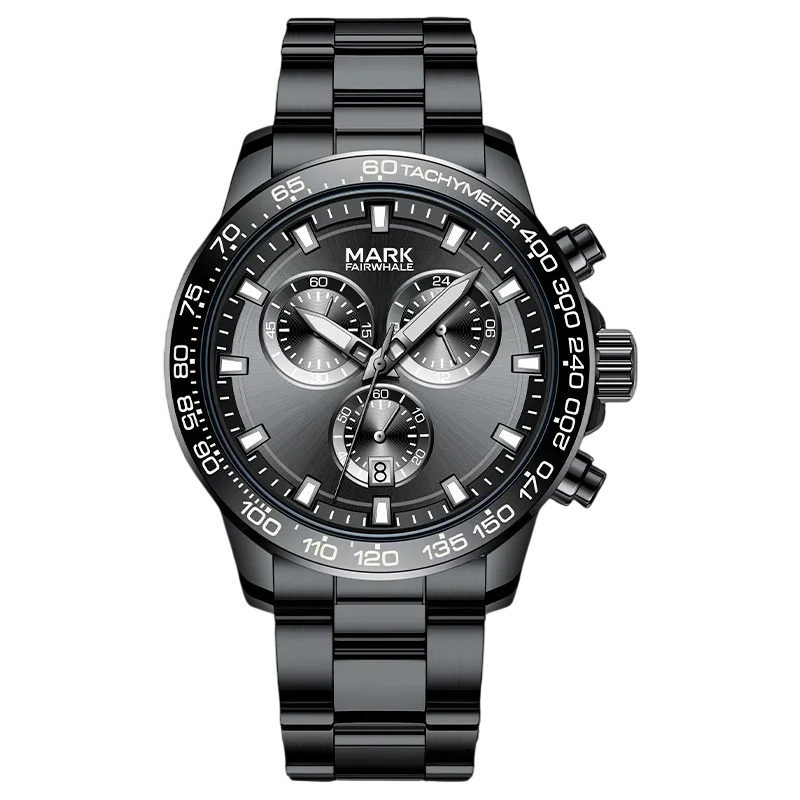 Black wristwatch with detailed face on a white background