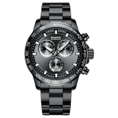 Black wristwatch with detailed face on a white background