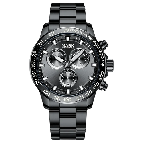 Black wristwatch with detailed face on a white background