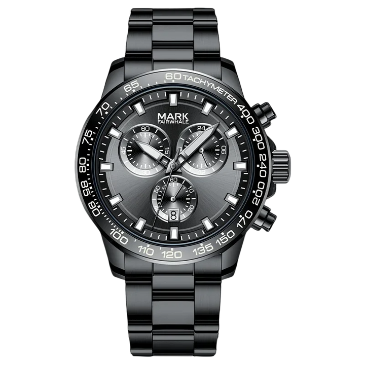 Black wristwatch with detailed face on a white background