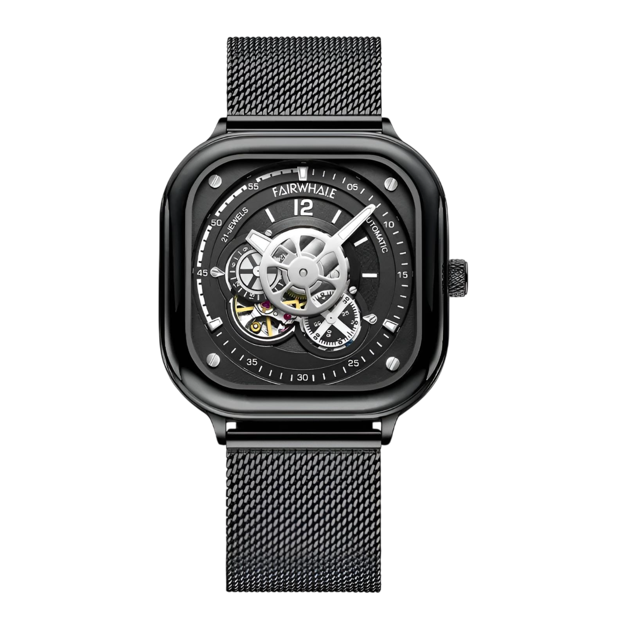 Black wristwatch with mesh band on a white background