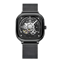 Black wristwatch with mesh band on a white background