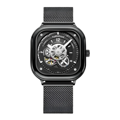 Black wristwatch with mesh band on a white background