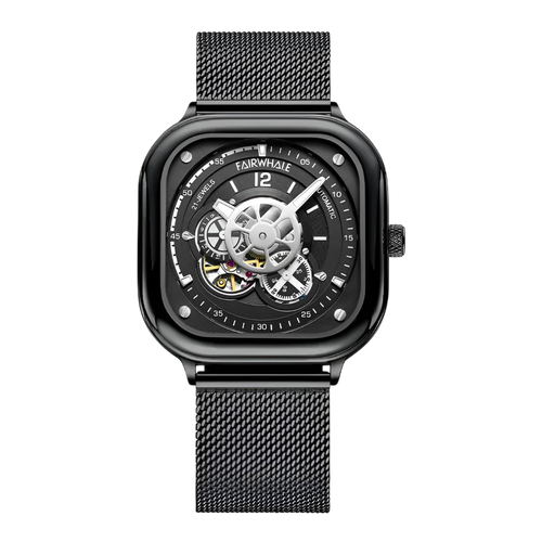 Black wristwatch with mesh band on a white background