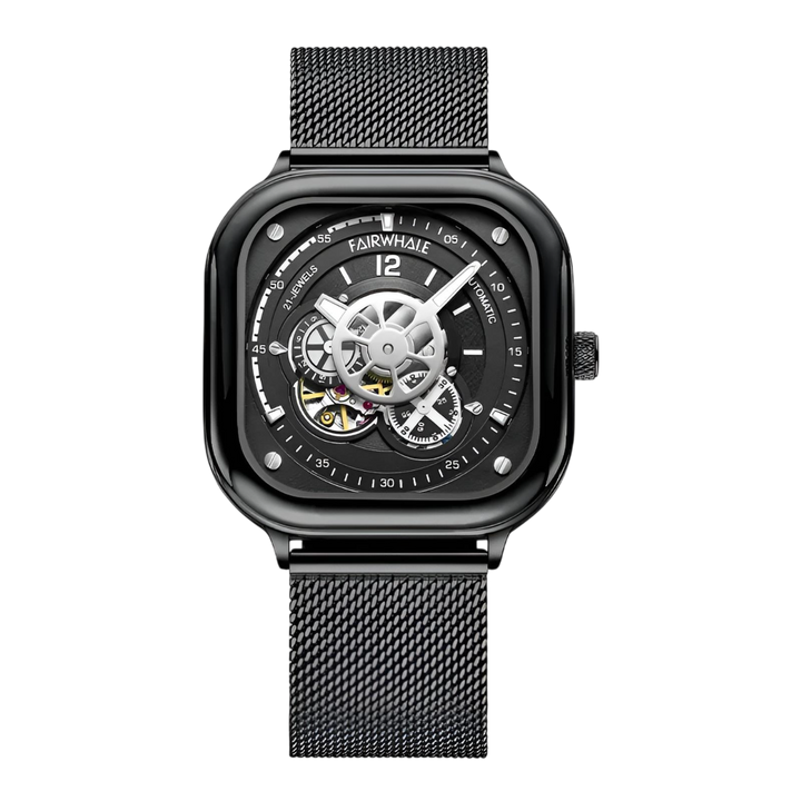 Black wristwatch with mesh band on a white background