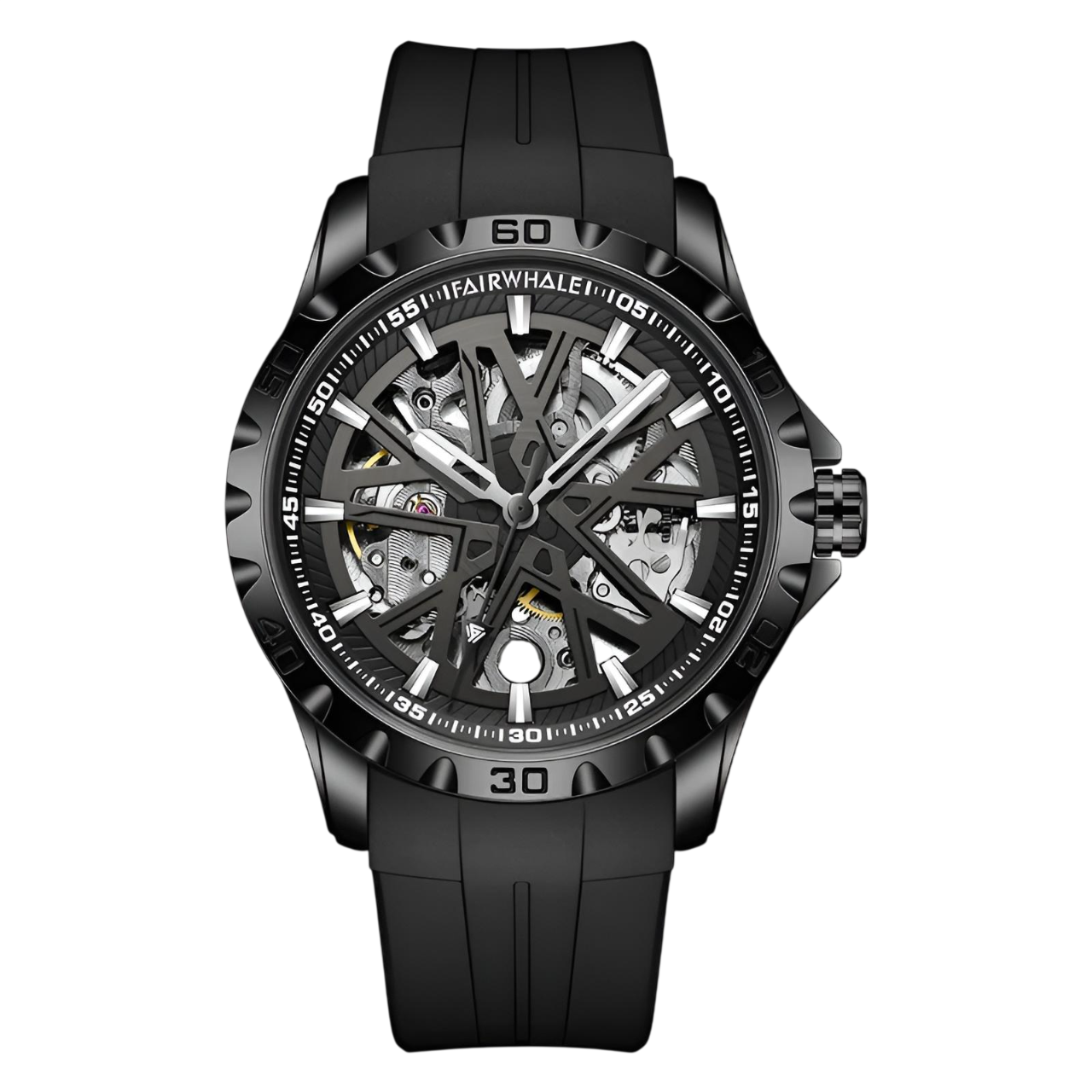 Black wristwatch with visible brand name on a white background