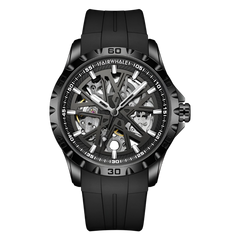 Black wristwatch with visible brand name on a white background