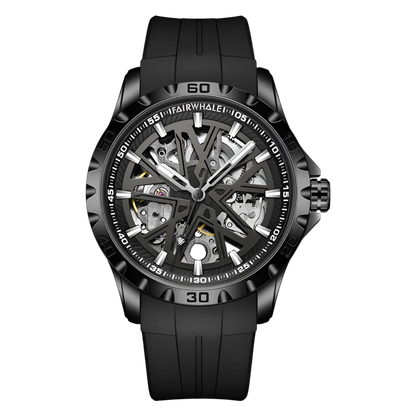 Black wristwatch with visible brand name on a white background