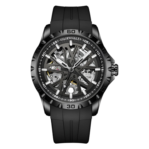 Black wristwatch with visible brand name on a white background