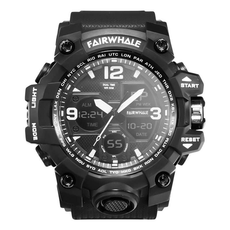 Black Fairwhale watch with digital and analog display on a white background