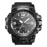 Black Fairwhale watch with digital and analog display on a white background