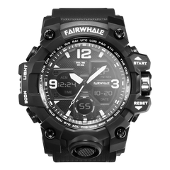 Black Fairwhale watch with digital and analog display on a white background