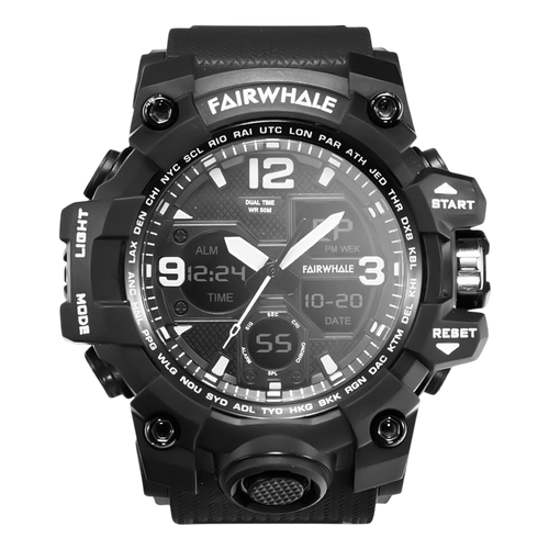 Black Fairwhale watch with digital and analog display on a white background