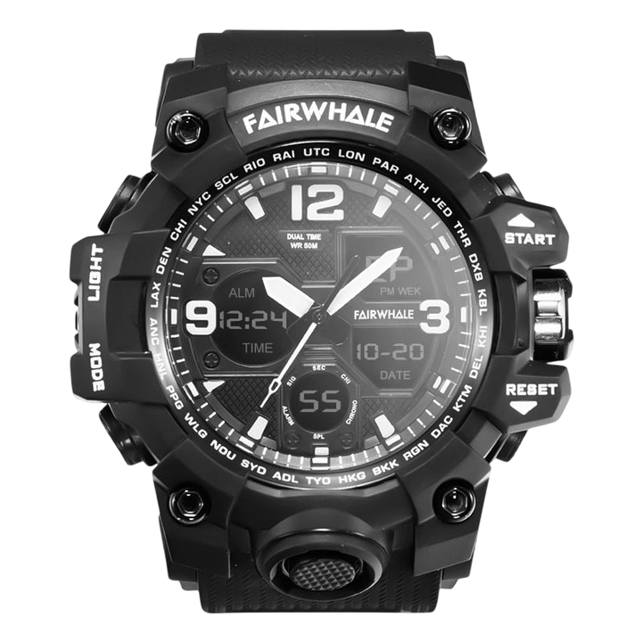 Black Fairwhale watch with digital and analog display on a white background