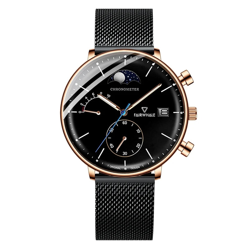 MARK FAIRWHALE FW-5350 ASTRON quartz moon phase chronograph watch black dial rose gold mesh