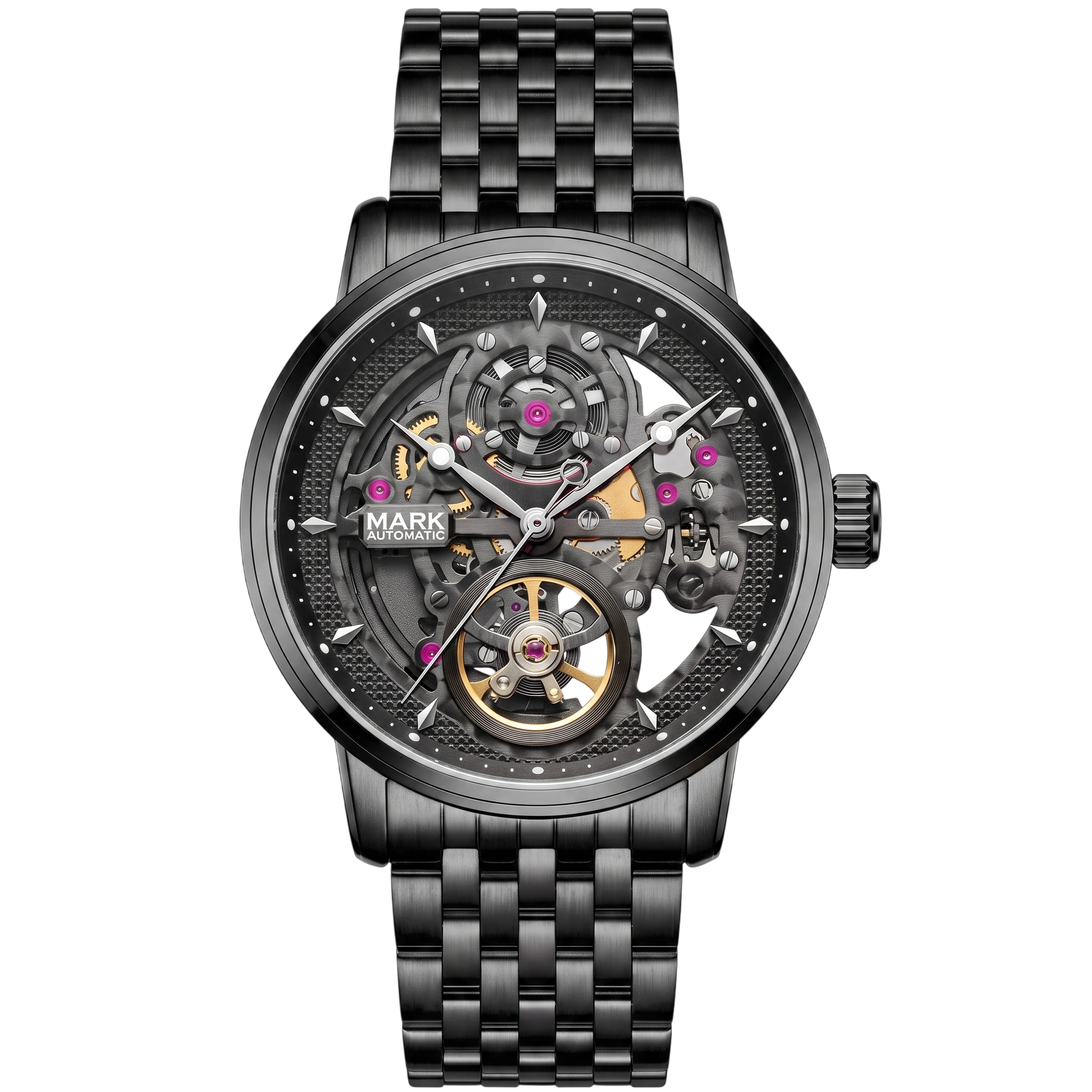 Black mechanical watch with visible brand name on a white background