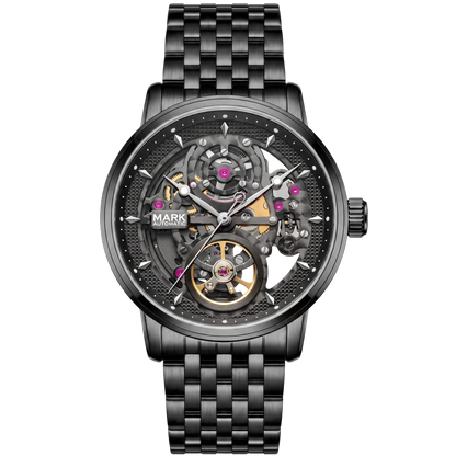 Black mechanical watch with visible brand name on a white background